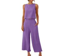 Completo Donna Completo Coordinato In Cotone E Lino Per Donna 2 Pezzi Per Le Vacanze Canotta Girocollo Senza Maniche E Pantaloni Palazzo Set Da Viaggio/Aeroporto Abbigliamento Casual Per Il Tempo Li
