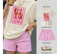 Completo donna composto da t-shirt a maniche corte oversize con stampa di aragosta e pantaloncini a righe, outfit casual adatto per la primavera, il capodanno cinese, l'anno del cavallo, San Valentino