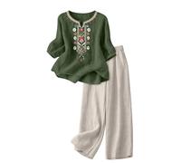 Completo Donna Elegante Casual Estivo Cotone E Lino Ricamo Tuta Estiva Curvy Due Pezzi Camicia e Pantaloni Completa Gamba Larga Tute Complete Comoda Completi Estivi Eleganti Larghi Set Estive Spiaggia