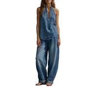 Completo Donna Elegante- Completo Donna Casual Completo Due Pezzi alla Moda in Denim con Giacca dal Colletto alla Coreana E Pantaloni A Gamba Larga Basic