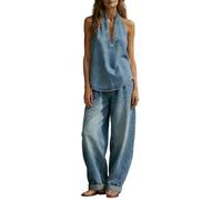 Completo Donna Elegante- Completo Donna Casual Completo Due Pezzi alla Moda in Denim con Giacca dal Colletto alla Coreana E Pantaloni A Gamba Larga Basic