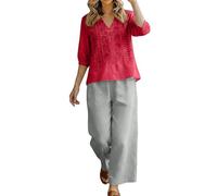 Completo Donna Elegante Curvy Estivo Cotone Lino Ricamo Vintage Tuta Estiva Completa 2 Pezzi Camicia + Pantaloni Larghi Completi Eleganti Leggere Set Coordinati Estivi Casual Tute Estive Spiaggia