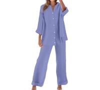 Completo Donna Elegante Estivo Curvy Cotone Lino Tuta Estiva Completa 2 Pezzi Camicia + Pantaloni Larghi Set Coordinati Estivi Casual Leggero Tute Estive Taglie Forti Completi Eleganti Spiaggia