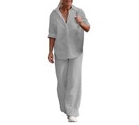 Completo Donna Elegante in Lino Estiva Completi Cotone e Lino Taglie Forti Tuta Shirt e Pantaloni a Vita Alta Tute Sportiva Leggeri Oversize Due Pezzi Elastica Tute Casual da Spiaggia da Casa