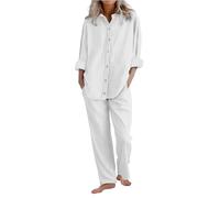 Completo Donna Estivo Elegante Curvy 2 Pezzi Cotone Lino Tuta Estiva Camicia e Pantaloni Completa Gamba Larga Tute Complete Casual Comoda Completi Estivi Eleganti Larghi Tinta Unita Set Estive 2025