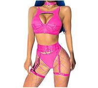 Completo Donna Sexy Donne Nuda Sexy Sesso Tette Cintura Elastica in Maglia da Donna con Mezza Giarrettiera sopra Seno E Mutandine in Tre Pezzi con Completi Intimi da Hot Pink M