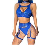 Completo Donna Sexy Donne Nuda Sexy Sesso Tette Cintura Elastica in Maglia da Donna con Mezza Giarrettiera sopra Seno E Mutandine in Tre Pezzi con Completi Intimi da Catsuit Blue L