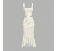 Completo due pezzi elegante da invitata a matrimonio estivo in panna e albicocca, con gilet in pizzo e gonna a coda di pesce, outfit formale da sogno per ballo di fine anno, con volant, stile coreano,