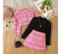 Completo elegante con giacca a maniche lunghe con bottoni e stampa tartan, abbinata a top a maniche lunghe nero e minigonna per giovane ragazza 6Y,7Y,4Y,5YGeometricoTessuto