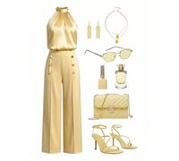 Completo elegante da donna composto da top con nodo alla gola e pantaloni a gamba larga con pinces, in tinta unita, adatto per l'uso quotidiano e gli spostamenti L,M,S,XLColore unicoRaso,Tessuto in ma