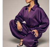 Completo elegante da donna Hauture in raso, composto da 2 pezzi, felpa ampia e pantaloni a lanterna, perfetto per un look chic da ufficio, per uscire e per una cena elegante. L,M,S,XSColore unicoTessu