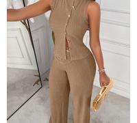 Completo elegante da donna in due pezzi, composto da top senza maniche a righe e pantaloni dritti, stile aziendale elegante, ultima primavera/estate L,M,S,XL,XSColore unicoTessuto in maglia