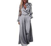 Completo elegante da donna in due pezzi in raso, con scollatura a V profonda, maniche lunghe, pantaloni a gamba larga con tasche, tinta unita, tuta formale oversize da salotto, Grigio, XL