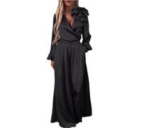 Completo elegante da donna in due pezzi in raso, con scollatura a V profonda, maniche lunghe, pantaloni a gamba larga con tasche, tinta unita, tuta formale oversize da salotto, Nero , 4XL