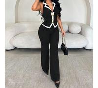 Completo elegante da donna in stile high-end, con blazer senza maniche e pantaloni a gamba dritta super lunghi, in colore bianco e nero con fibbia metallica decorativa, stile "old money", adatto per u