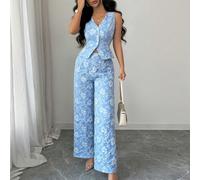 Completo elegante da donna per uso quotidiano e da lavoro, composto da gilet e pantaloni, in tinta blu, con motivo a margherita africana jacquard e goffratura, nuovo per l'estate L,M,S,XL,XS,XXLPiante