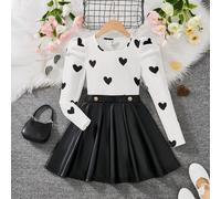 Completo elegante da ragazza con maglietta a maniche a gigot con stampa a cuore e gonna con balza e bottoni in metallo PU, set da 2 pezzi, nuovo arrivo autunno/inverno, adatto per uso quotidiano, scuo