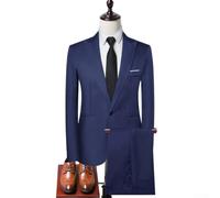 Completo elegante da uomo in tinta unita, giacca con risvolto e pantaloni con risvolto a un bottone, abbigliamento formale da matrimonio da lavoro, abito a due pezzi nero (XL blu)
