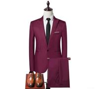Completo elegante da uomo in tinta unita, giacca con risvolto e pantaloni con risvolto a un bottone, abbigliamento formale, abbigliamento da matrimonio in due pezzi, nero (2XL rosso)