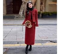 Completo Elegante Donna Giacca Tweed Gonna Lunga Invernale Rosso Rubino CF60510