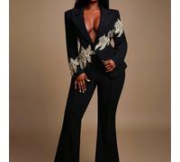 Completo elegante e glamour da donna, taglia comoda, per autunno/inverno e primavera/estate, set di 2 pezzi con blazer stile pendolare con ricamo in filo d'oro 3D e fiori, e pantaloni a zampa 0XL,1XL,