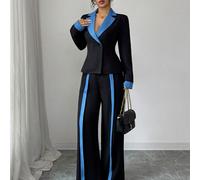 Completo elegante e sofisticato da donna, composto da blazer aderente con effetto jeans bicolore e pantaloni a vita regolare a gamba dritta, colore nero, adatto per uscite, appuntamenti e feste in aut