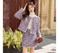 Completo Elegante Giacca Tweed Gonna Corta Lilla Melange Invernale Donna CF60506