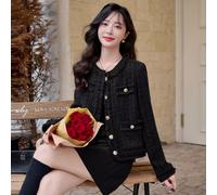 Completo Elegante Invernale Giacca Bottoni Gioiello E Gonna Corta Nero CF60648