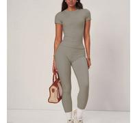 Completo estivo casual composto da top corto e pantaloncini in tessuto misto di cotone e lino, in tinta pastello rosa, traspirante, vita alta e vestibilità morbida, ideale anche per palestra L,M,S,XLC