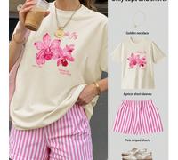 Completo estivo casual da donna con top a maniche corte con stampa floreale e pantaloncini a righe, Maglietta con motivo sportivo vintage a cavallo per il Capodanno Lunare, Maglietta con coniglio di P