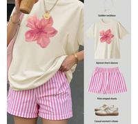 Completo estivo casual da donna con top a maniche corte con stampa floreale e pantaloncini a righe, Maglietta con motivo sportivo vintage a cavallo per il Capodanno Lunare, Maglietta con coniglio di P