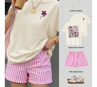 Completo estivo casual da donna con top a maniche corte con stampa floreale e pantaloncini a righe, Maglietta con motivo vintage di cavallo per il Capodanno cinese, Maglietta con coniglio di Pasqua as