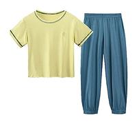 Completo estivo casual per bambini, maglietta girocollo a maniche corte, pantaloni lunghi della tuta, per ragazzi e ragazze, tinta unita, set di vestiti per la casa (verde menta, 10-11 anni)