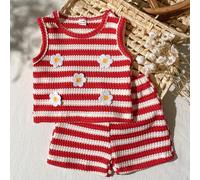 Completo estivo da bambina composto da top a canotta e pantaloncini in jacquard beige e teak, con stile fresco, a tema forestale, pastorale, delicato, semplice e rilassato. Il tessuto presenta una tex