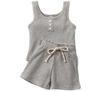 Completo estivo da bambina in 2 pezzi, a nido d'ape, scollo rotondo, con bottoni, crop top e pantaloncini in vita, abbigliamento estivo per 1-8 anni, grigio