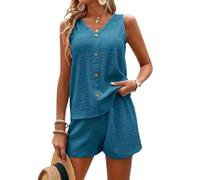 Completo estivo da donna, 2 pezzi, con canotta e pantaloncini, set da spiaggia, vacanze, Blu scuro, S