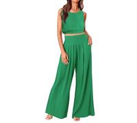 Completo estivo da donna, a due pezzi, con scollo a barca, senza maniche, top corto a vita alta, pantaloni a pieghe, gamba larga, pantaloni lunghi fino al pavimento, set completo, tinta unita
