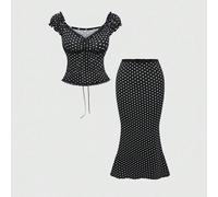 Completo estivo da donna composto da top senza maniche con scollo a V, fiocco decorativo, pannello in pizzo a pois e colori a blocchi, e gonna, outfit estivo elegante e versatile in due pezzi L,M,S,XS