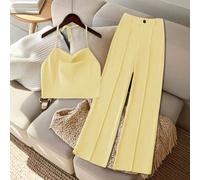 Completo estivo da donna, composto da top senza schienale halter e pantaloni, in tinta unita, 2 pezzi L,M,S,XSColore unicoTessuto intrecciato