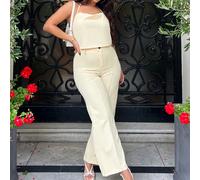 Completo estivo da donna, composto da top senza schienale halter e pantaloni, in tinta unita, 2 pezzi L,M,S,XSColore unicoTessuto intrecciato