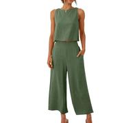 Completo estivo da donna in 2 pezzi, in cotone e lino, senza maniche, con scollo a bottone, canottiera a gamba larga, pantaloni larghi, abbigliamento da spiaggia, set da viaggio, 1- Verde militare, M