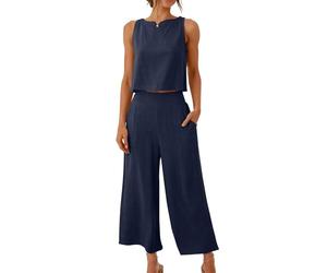 Completo estivo da donna in 2 pezzi, in cotone e lino, senza maniche, con scollo a bottone, canottiera a gamba larga, pantaloni larghi, abbigliamento da spiaggia, set da viaggio, 1- Blu marino, M