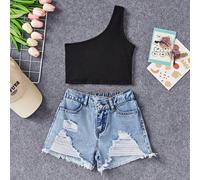 Completo estivo da ragazza tween boho, con top monospalla e pantaloncini di jeans asimmetrici in denim strappato e consumato, dettagli grezzi, abbigliamento estivo per ragazze 8Y,9Y,10Y,11Y,12YColore 
