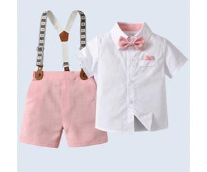 Completo estivo da ragazzo elegante: camicia bianca con fiocco e pantaloncini rosa con bretelle, di moda, adatto per feste di compleanno, primo compleanno, performance di coro, San Valentino 6Y,7Y,4Y,