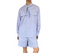 Completo estivo da uomo in due pezzi con colletto alla coreana, camicia a maniche lunghe e pantaloncini casual, Solo Top Blu, M