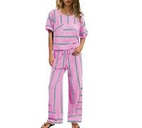 Completo Estivo Donna Lino Curvy Due Pezzi Top a Maniche Corta e Pantaloni Gamba Larga Completo Estivo Traspirante Completino Casuale Mare Fresco Completi Estivi Eleganti Larghi Set Estive Spiaggia