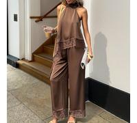 Completo estivo elegante da donna in 2 pezzi color marrone caffè, top senza maniche con collo all'americana e orlo in pizzo asimmetrico in raso, e pantaloni palazzo a gamba larga per il brunch L,M,S,X