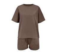 Completo estivo per bambini, a maniche corte, girocollo, con pantaloncini elastici, tinta unita, 2 pezzi, in cotone, tinta unita, alla moda, semplice, casual (marrone, 12-13 anni)