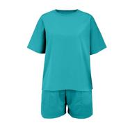 Completo estivo per ragazzi e ragazze, in cotone, 2 pezzi, in tinta unita, a tinta unita, con maglietta a maniche corte, con pantaloncini, semplice, comodo e leggero (celeste, 12-13 anni)