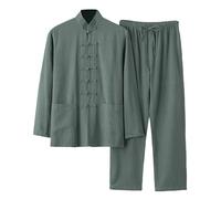Completo Estivo Uomo Tai Chi in Cotone e Lino 2 Pezzi con Tunica a Bottoni e Pantaloni Lampi Tuta Primavera Autunno Casual Elegante Pigiama Estiva Oversize Tradizionale per Wing Chun Kung Fu,Verde,XL